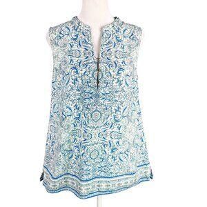 Talbots S Sleeveless Blouse Tunic Top 100% Cotton 1/4 Button Blue White Floral